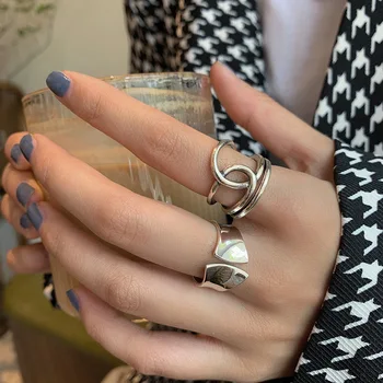 

LISM 925 Sterling Silver Cross Thick Line Irregular Rings Female Trend INS Adjustable Index Finger Ring Wide Retro Ring Gift