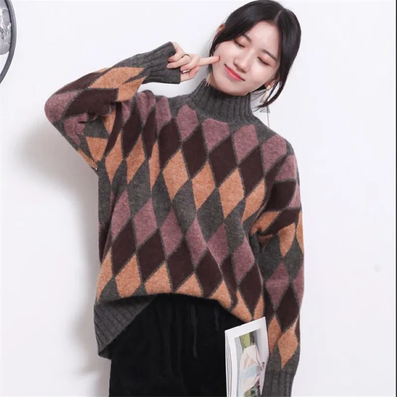 

2019 spring new women's sweater diamond lattice pullover long-sleeved o- neck fashion casual sweater