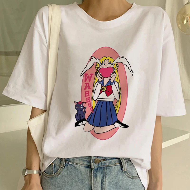 Showtly Сейлор Мун новая kawaii футболка для женщин Harajuku короткий рукав забавная футболка Ulzzang футболка с милым котом футболки с героями мультфильмов