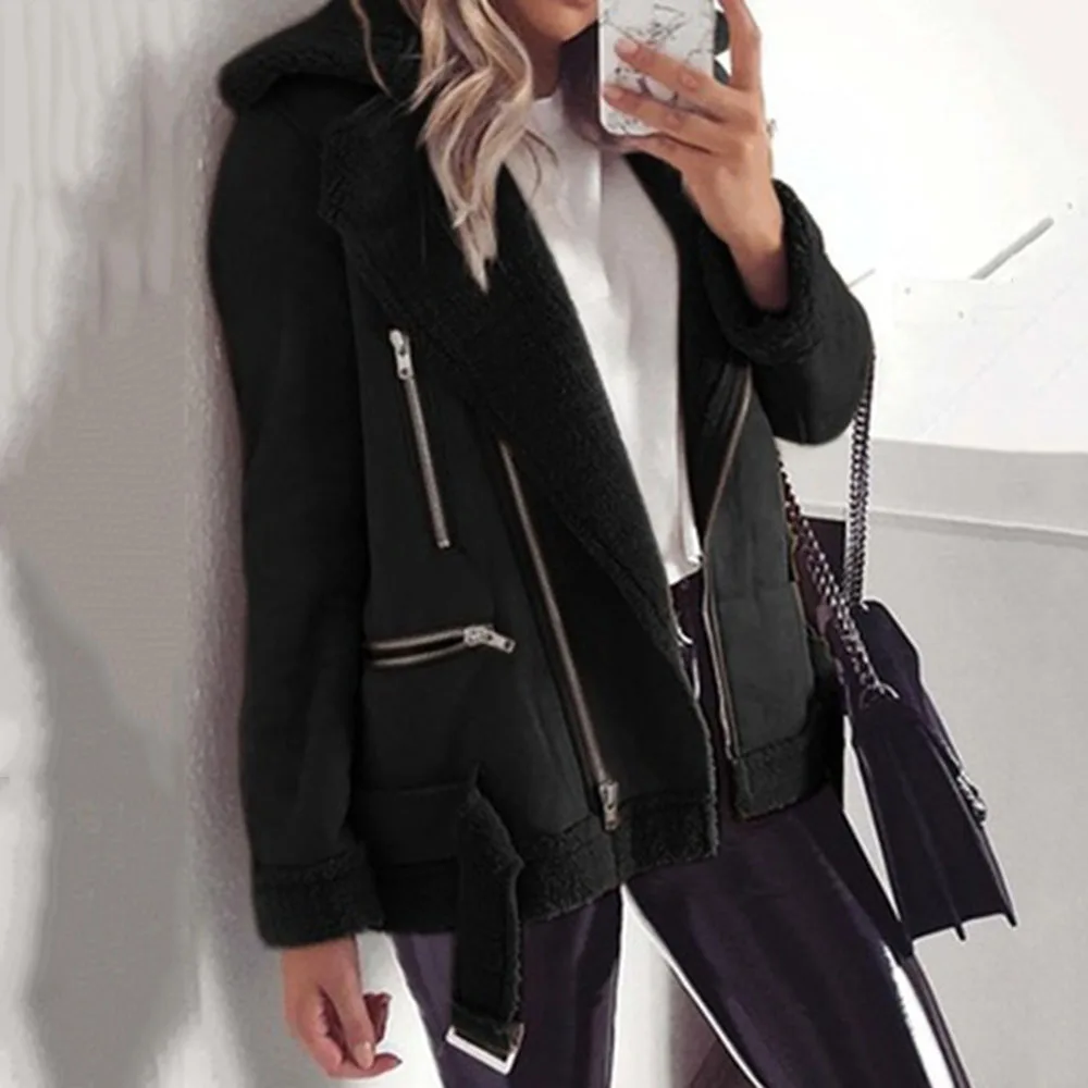 

Faux Sheepskin Coat Women Suede Jacket Short Fur Korean Lamb Locomotive Fashion Fur Warm Leather Jacket Plus Size Thick Overcoat