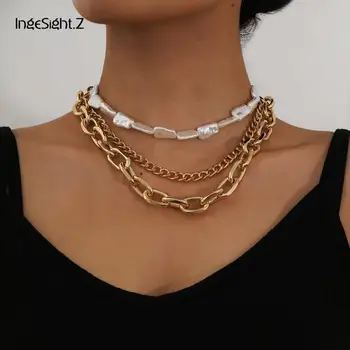 

IngeSight.Z 3Pcs/Set Multi Layered Chunky Thick Cuban Choker Necklace Irregular Imitation Pearl Clavicle Collar Necklace Jewelry