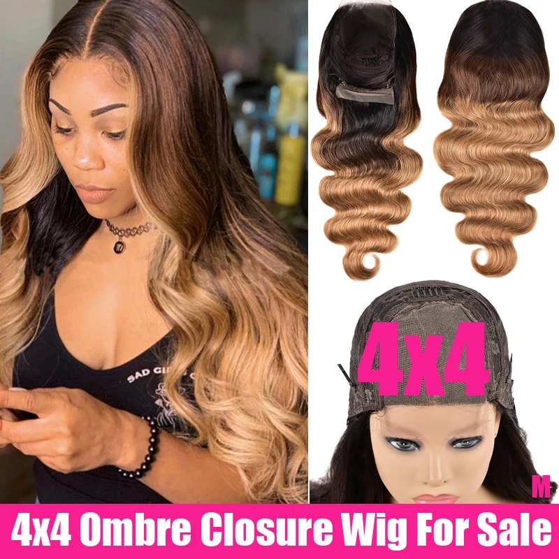 

150% Ombre Body Wave Closure Wig 4x4 Lace Closure Wig Colored Ombre Human Hair Wigs Remy Brazilian Hair Wig For Women