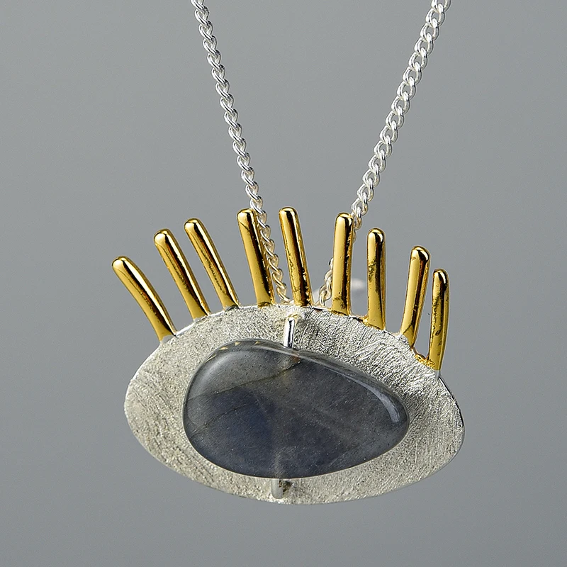 Pendant Necklace Silver Pendant Women 925 Sterling Silver Natural Labradorite Lotus Pendant