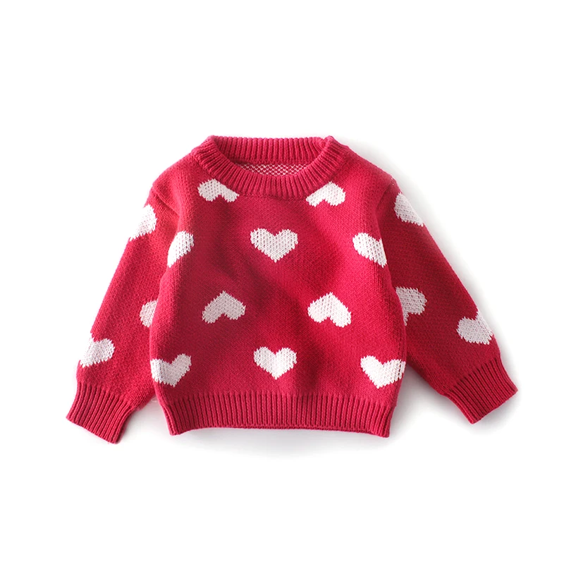 

New Autumn Sweet Knitted Wool Sweaters Love Pattern Round Neck Pullover Outwear Kids Long Sleeve Cotton Yarn Baby Girl Clothes