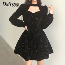 

Darlingaga Vintage Fashion Bling Velvet Ball Gown Party Dress Female Puff Sleeve Cut Out Mini Black Dresses Belt Bow Korean Slim