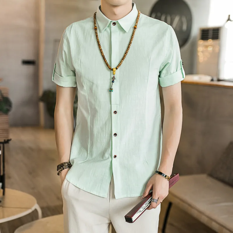 

#0566 Summer Formal Shirts For Men Casual Slim Fit Vintage Cotton Linen Shirt Short Sleeve Lapel Collar Men's Shirt Office 5XL