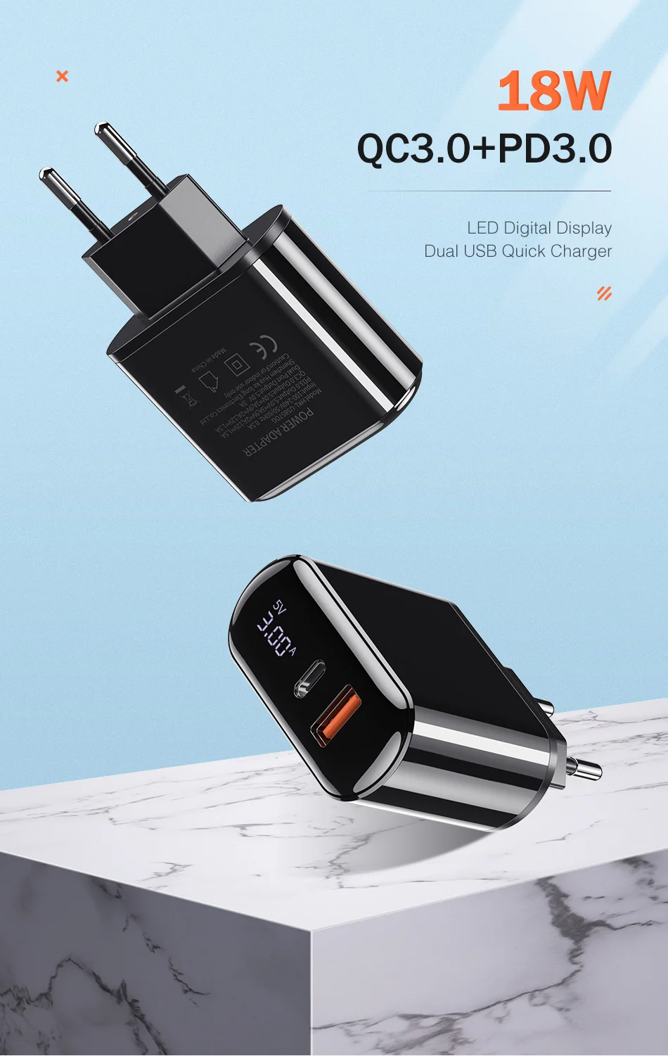 YKZ 18 Вт светодиодный дисплей QC3.0 USB зарядное устройство Быстрая зарядка 3,0 QC Тип C PD Быстрая зарядка дорожное настенное зарядное устройство для iPhone X 8 samsung S10