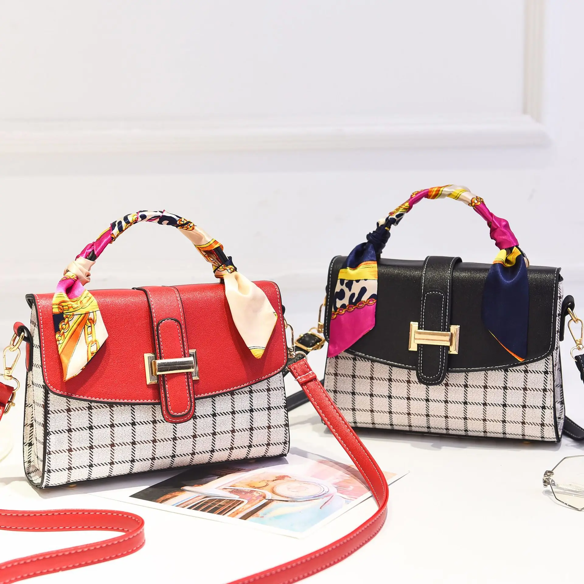 

Korean-style Pattern Contrast Color Square Sling Bag Trend of Fashion 2020 New Style Hand Single-shoulder Bag for Women Shoulder