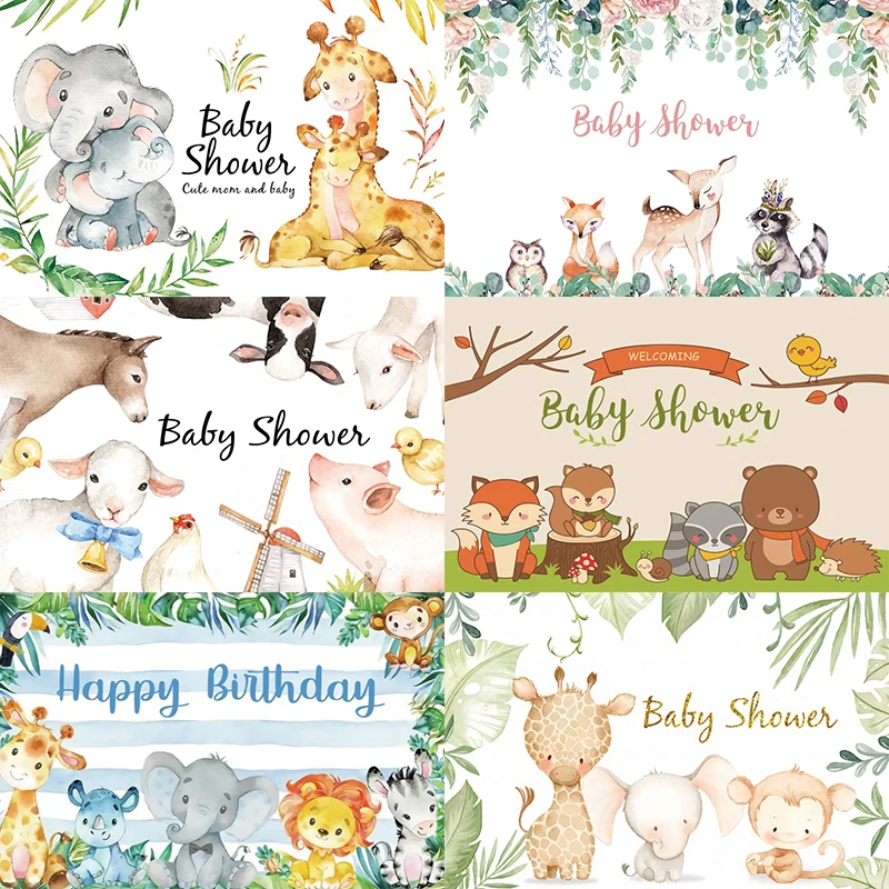 

Baby Shower Photo Backdrop Wild Safari Forest Animal Newborn Happy Birthday Party kIds Photography Background Booth Prop Banner