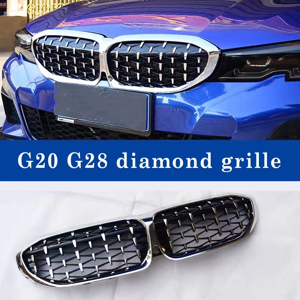 For Bmw New 3 Series G20 G28 Diamond Star Grills 325li 2019in Abs Black Silver Kidney Grille