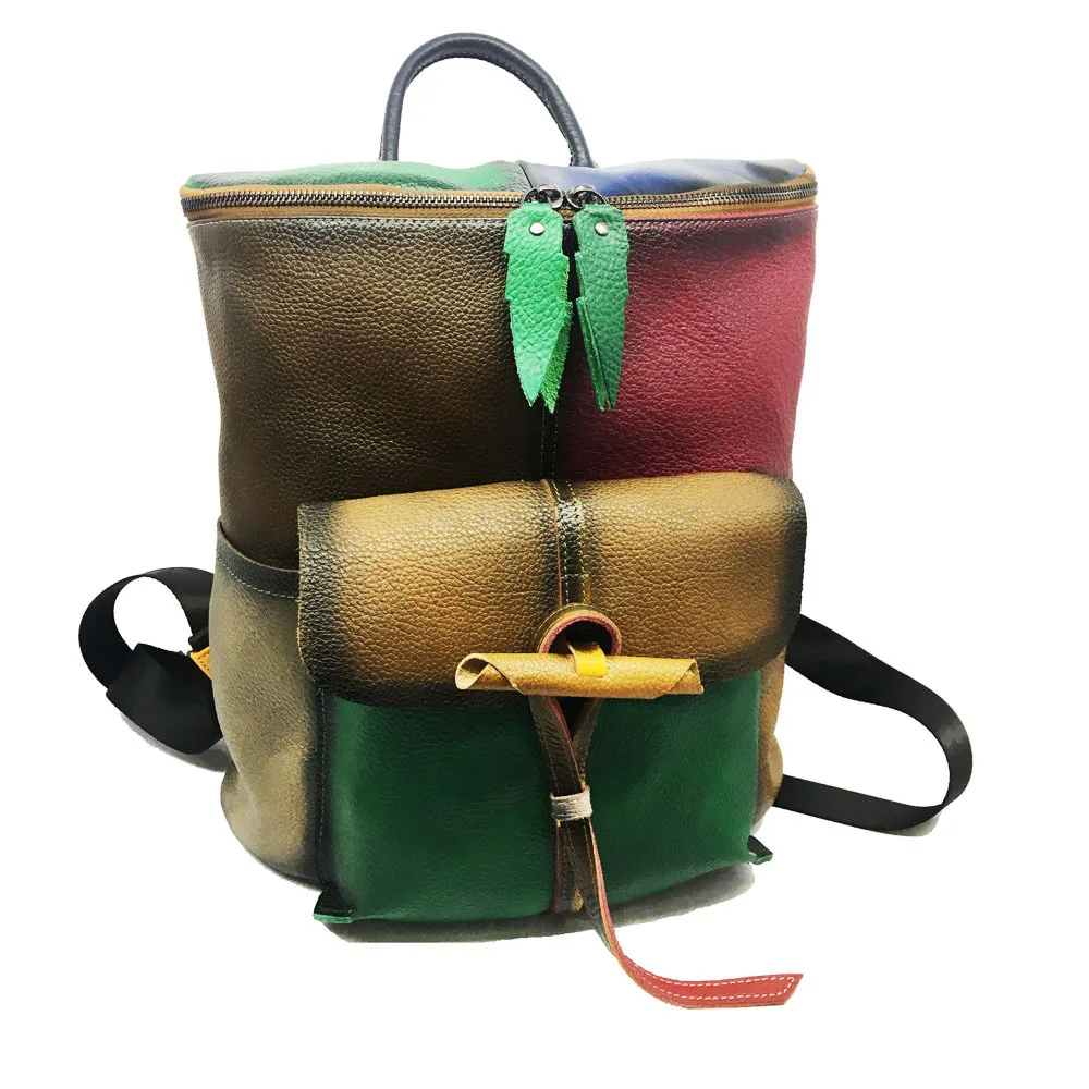 

New Hand-Painted Women's Bag Shoulder Bag Top Layer Leather Backpack Retro Zhen Pi Bao