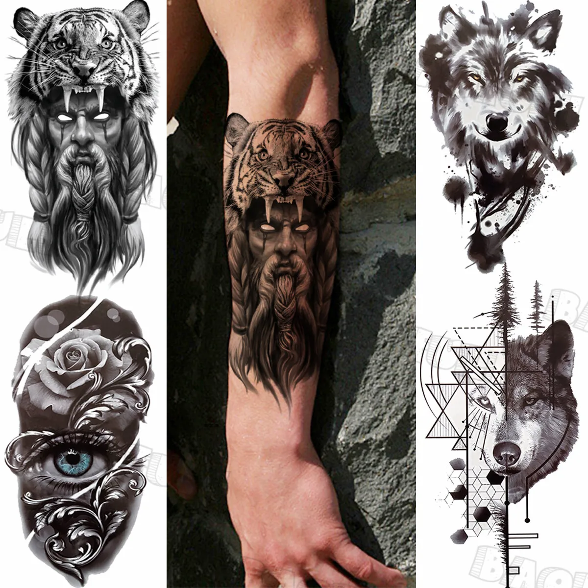 

Black Tiger Warrior Temporary Tattoos For Men Adult Geometric Wolf Eye Fake Tattoo Sticker Waterproof Body Art Tatoos Realistic