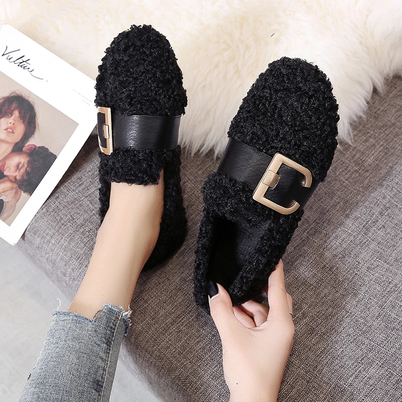 

2020 Women Flat Shoes New Loafers Slip On Ladies Furry Fashion Metal Winter Joker Comfort Women's Flats Female Leisure W36-43