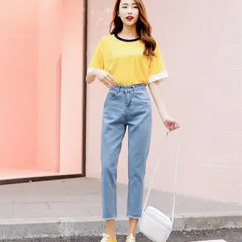 

2019 Autumn Solid High Waist Pants Wide Leg Jeans Women Streetwear Casual Loose Denim Trousers