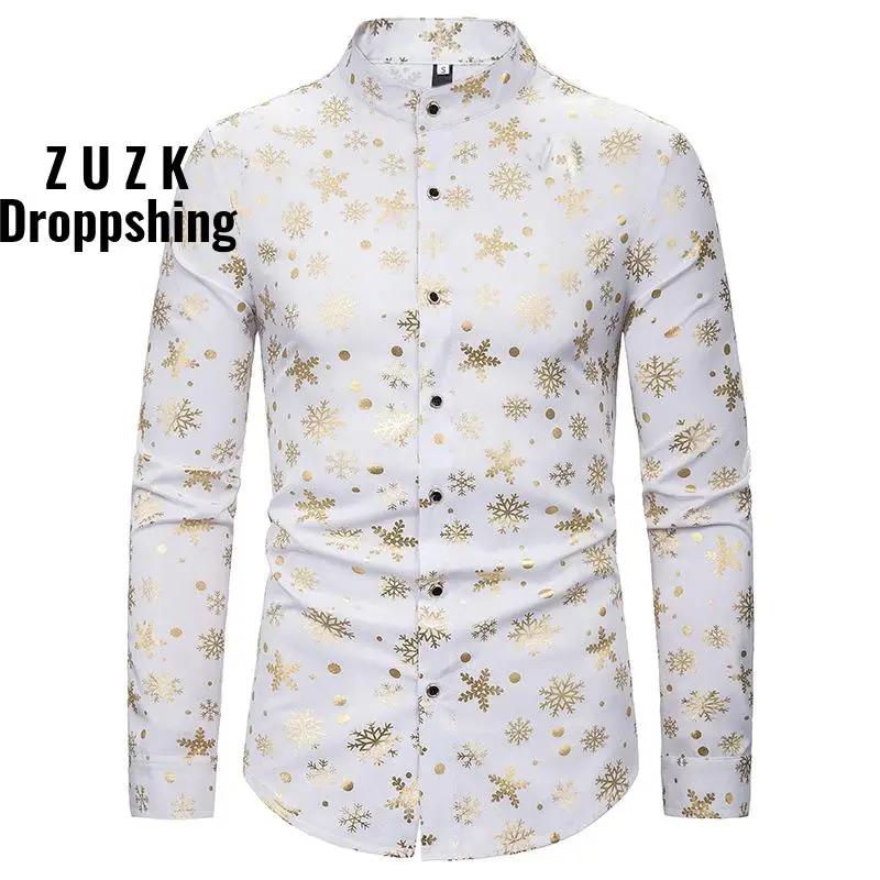 ZUZK  Snow Gold Bronzing Christmas  Shirt Men Long Sleeve Mandarin Collar Mens White  Dress Shirts