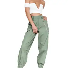 

60%HOT Women Solid Color Loose Elastic Pocket Cargo Pants Harem Trousers with Chain