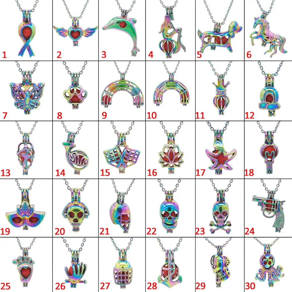 

30pcs Multiple Styles Rainbow Skull Mermaid Pearl Bead Cages Pendant Perfume Essential Oil Diffuser Locket Necklace Jewelry DIY