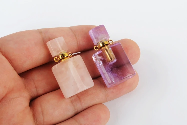 BOROSA Stone Perfume Bottle Pendant 3Pcs Amethysts Rose Quartzs Gems Essential Oil Bottle Connector for Necklace Wholesale Gift