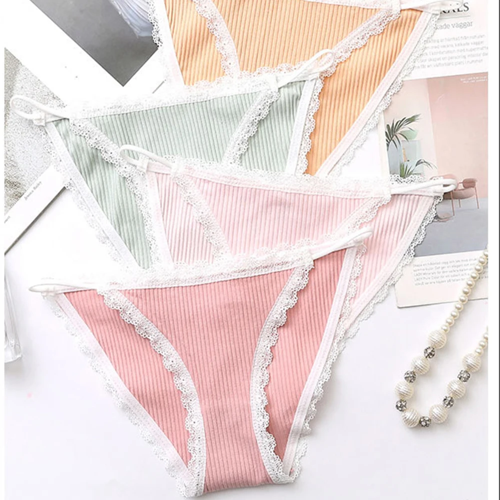 

Woman Threaded Pure Cotton Crotch Middle Waist Panties Sexy Cotton Soft Comfortable Lace-up Girls Solid Color Panties
