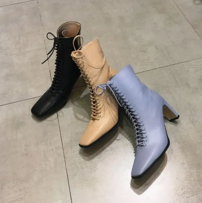 Botas de cuero genuino para mujer Zapatos de tacón alto de moda de invierno botas Martin de mujer botas de tobillo de punta cuad