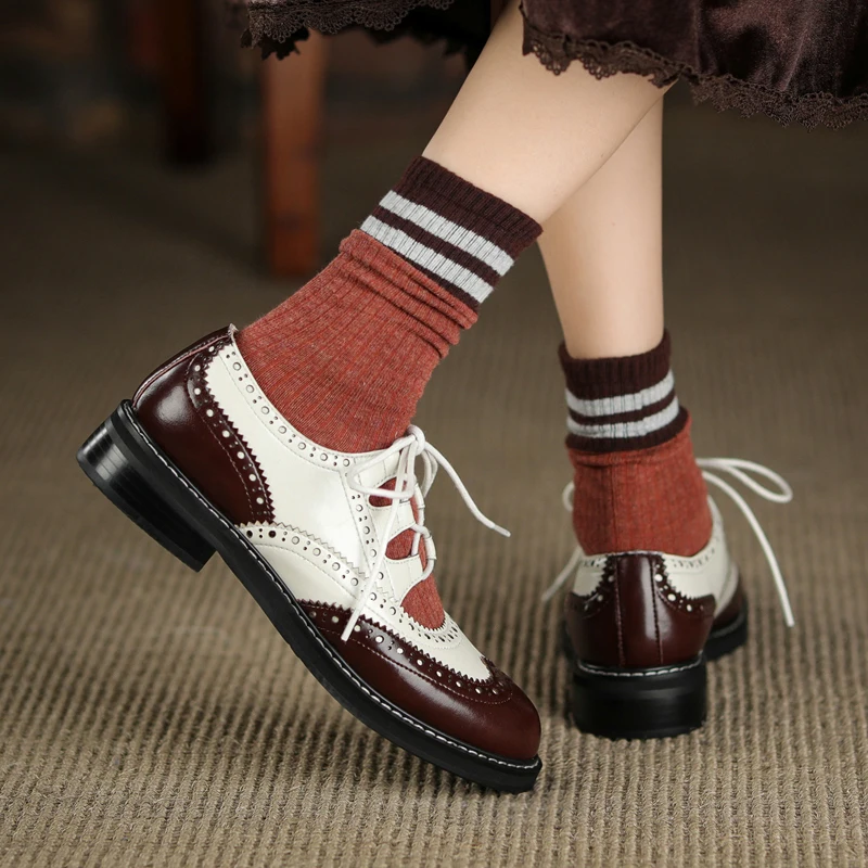 Women Genuine Leather Oxford Shoes Round Toe Black White Lady Lace Up Brogues Loafers Casual Shoes for Women Leather