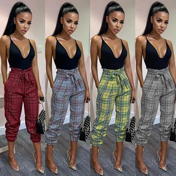 

Women Pants High Waist Striped Pencil Pant Belts Lace Up Slim Ankle-Length Harem Pants Female Plaid Trousers 4 Colors Streetwear