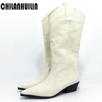 

brand fashion knee high boots woman microfiber leather western cowboy boot thick heel motorcycle boots winter street shoes woman