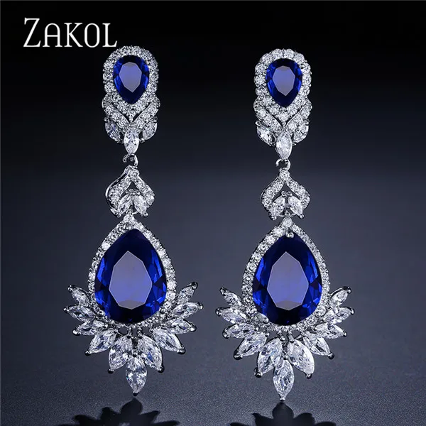 ZAKOL модная циркониевая люстра, элегантные свадебные ювелирные изделия, роскошные длинные CZ хрустальные листья, большие висячие Висячие серьги для невест FSEP021 - Окраска металла: Blue