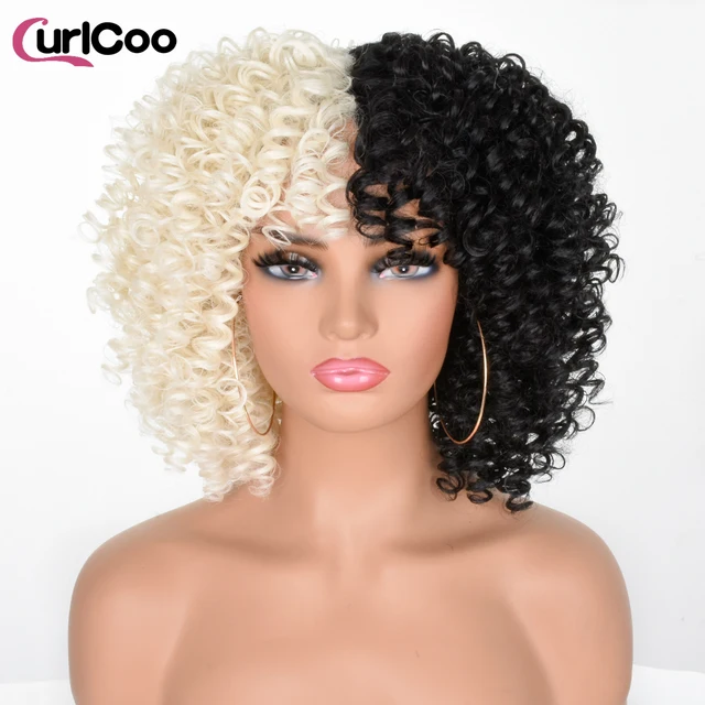 Short Afro Kinky Curly Wigs With Bangs For Black Women Synthetic Ombre Natural Heat Resistant Hair Brown Cosplay Highlight Wigs 1B-60