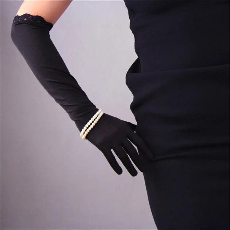 Natural Silk 50cm Long Gloves Elastic Silkworm Silk Sunscreen Long Section Lace Black Touchscreen Women's Gloves WZS03