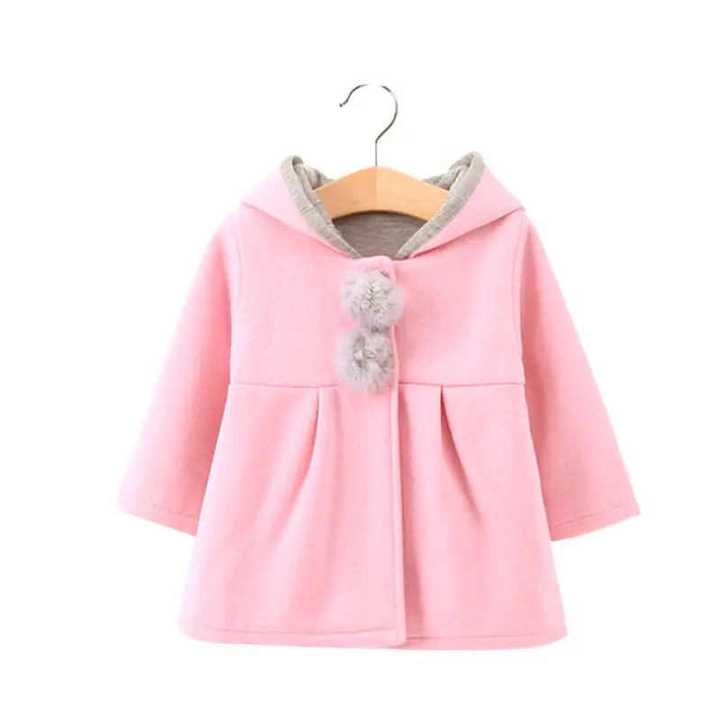 Зимнее хлопковое теплое пальто с капюшоном и длинными рукавами для маленьких девочек; Длинная Куртка контрастного цвета с заячьими ушками и помпонами - Цвет: Розовый