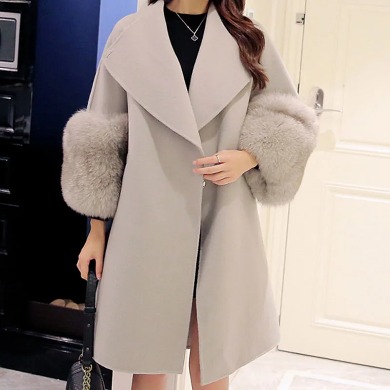 

Winter Coat Women Clothing Autumn Fur Collar Office Lady Covered Button Elegant Outwear Ladies Slim Coats New Female Woolen Coat