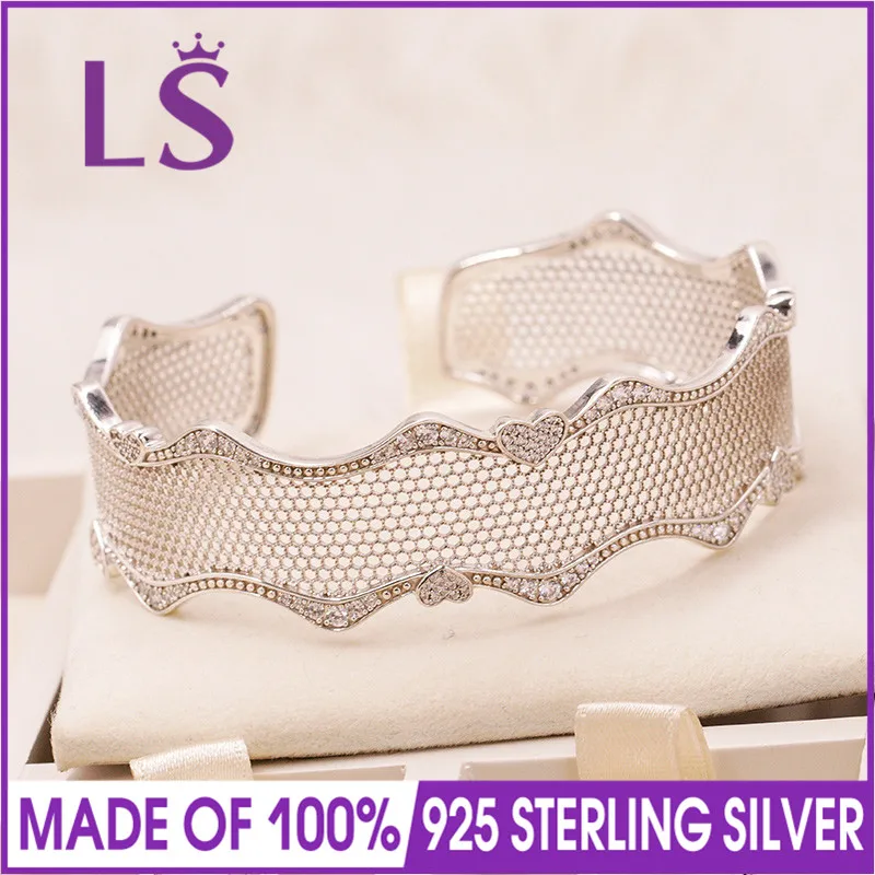 LS,, 925 пробы, Серебряное кружево, браслет, манжета, серебряные браслеты для женщин, хорошее ювелирное изделие, подходят к оригинальному бусину, Шарм