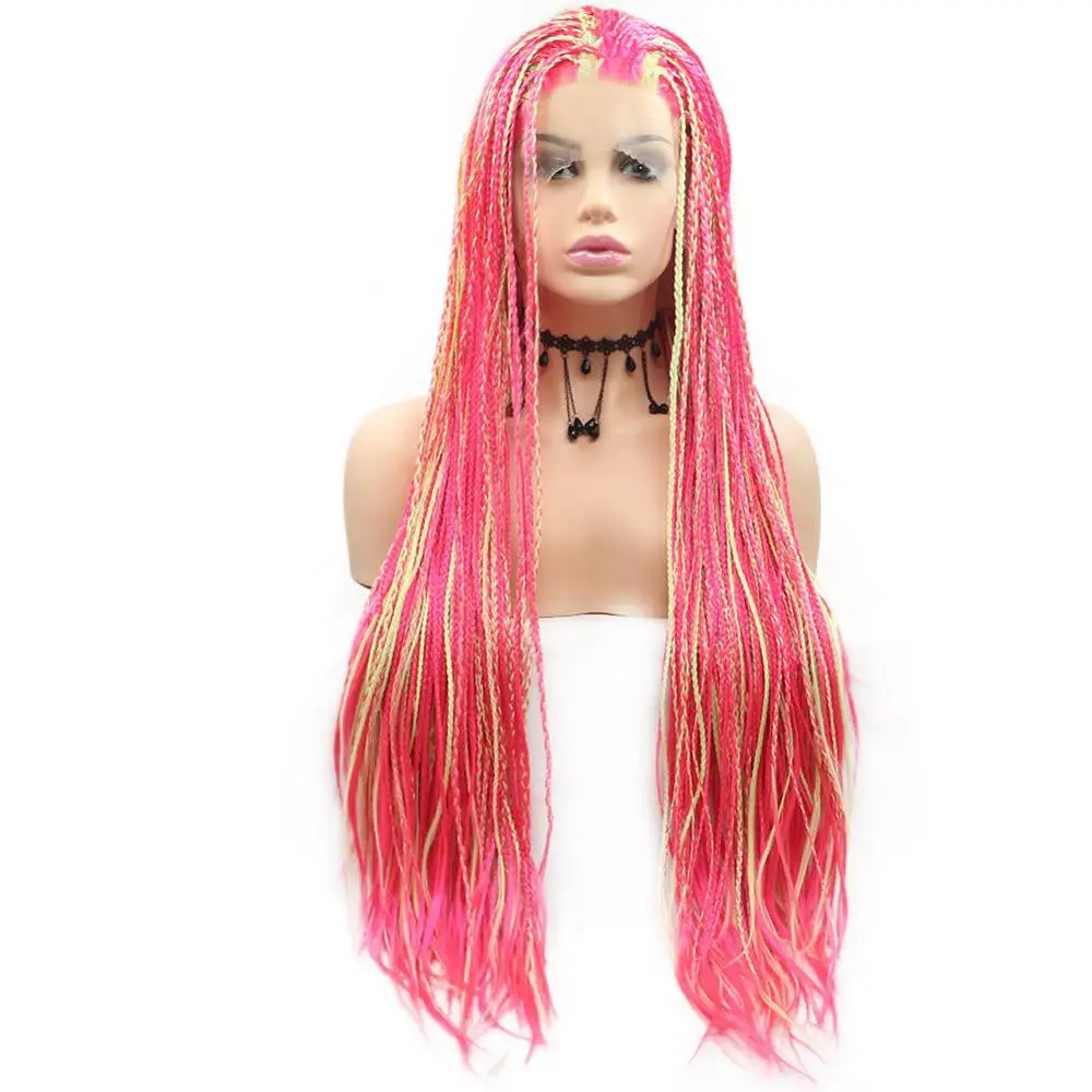 

Braided Wigs for Women Pink Lace Front Wig Mix Yellow Highlight Colorful Synthetic Heat Resistant Fiber Crochet Braids Wigs