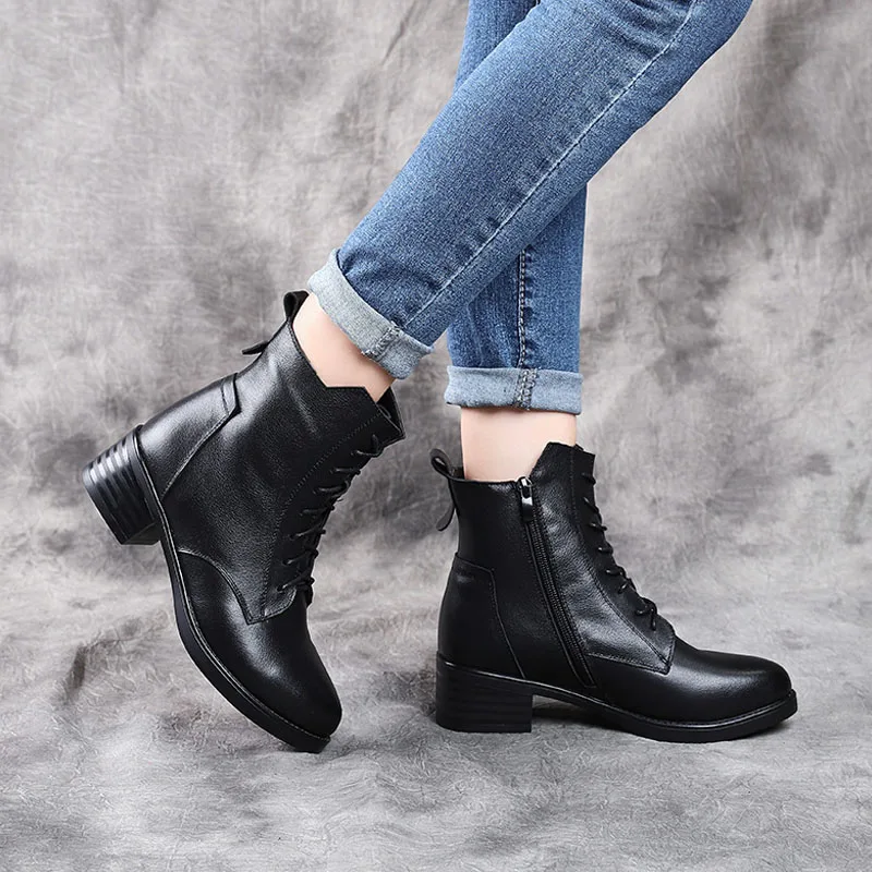 DRKANOL New Women Boots 2020 Autumn Winter Genuine Leather Thick Heel Ankle Boots For Women Warm Short Plush Boots Black H339