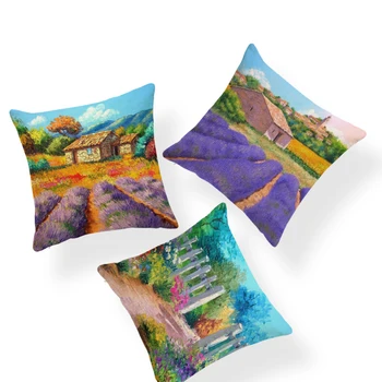 

Cartoon Fun Pillowcase Purple Lavender Wheat Field Plant Square Throw Pillow Home Decoration Large Polyester Linen Cushion Cover