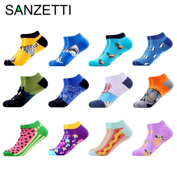 

SANZETTI Hot Sale 12 Pairs of Summer Ankle Socks Colorful Fun Shark Corn Wave Multiple Patterns Happy Combed Cotton Male Socks