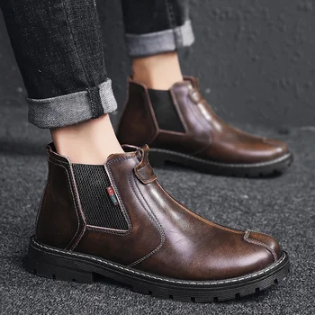 

2020 Autumn Brown Men Boots Fashion Casual Slip on Ankle Boots Men Soft Comfort Genuine Leather Chelsea Boots Men Botas Hombre