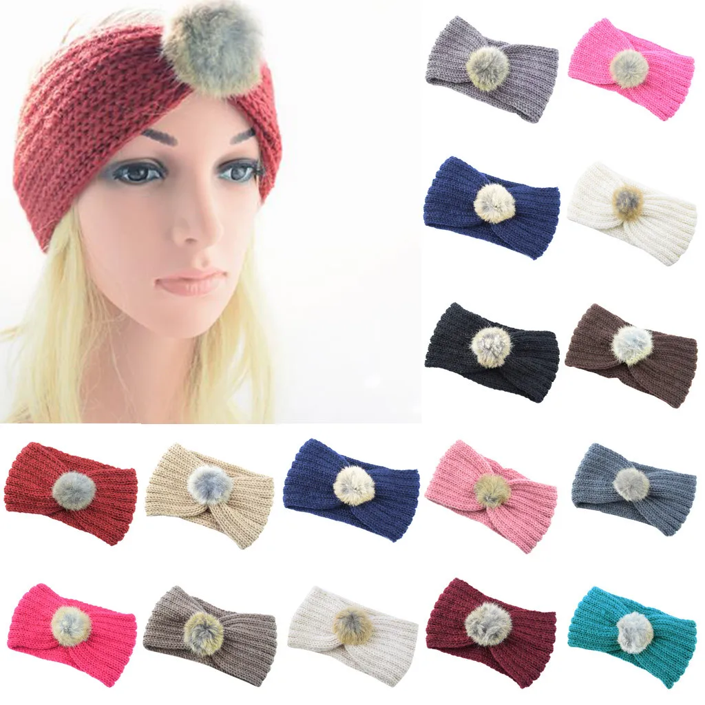 

Pom Pon Plush Fur Knit Hair Band Headband Women Wool BallWarm Sports Hair Accessories Handmade Knitted Crochet Head Wrap Turban