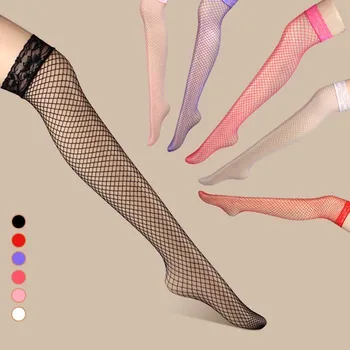 

Sexy Stockings Purple Rose Red Pink Blue Solid Green Women Thigh High Lace Long Fishnet Stockings Sexy Stockings