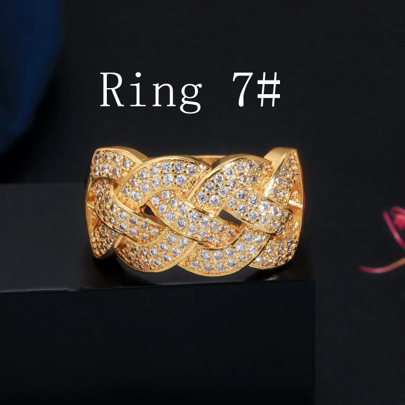 Gold Ring 7 CWWZircons роскошный большой африканский CZ браслет браслеты из колец наборы модные Дубай золотые серебряные ювелирные изделия для женщин вечерние свадебные T373 - Окраска металла: Gold Ring 7