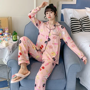 

Caiyier New Lovely Print Long Sleeve Sleepwear Women Autumn Winter Cotton Pajamas Set Loose Homewear Grls Pyjamas Night Suit 2XL
