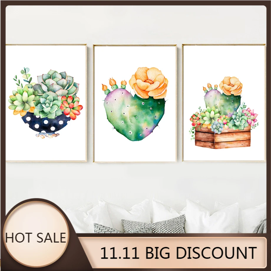Canvas Painting Cactus Succulent Pot Plant Nordic Poster And Prints Wall Art Pictures For Living Room Bedroom Decor | Дом и сад