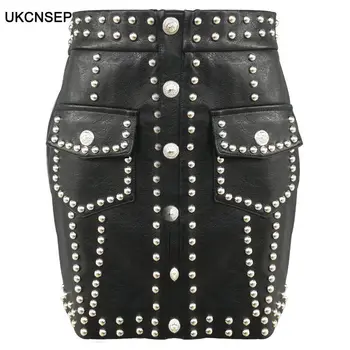 

Vintage PU Leather Rivet Skirt High Waist Single Breasted Min Skirts for Women 2020 Summer Style