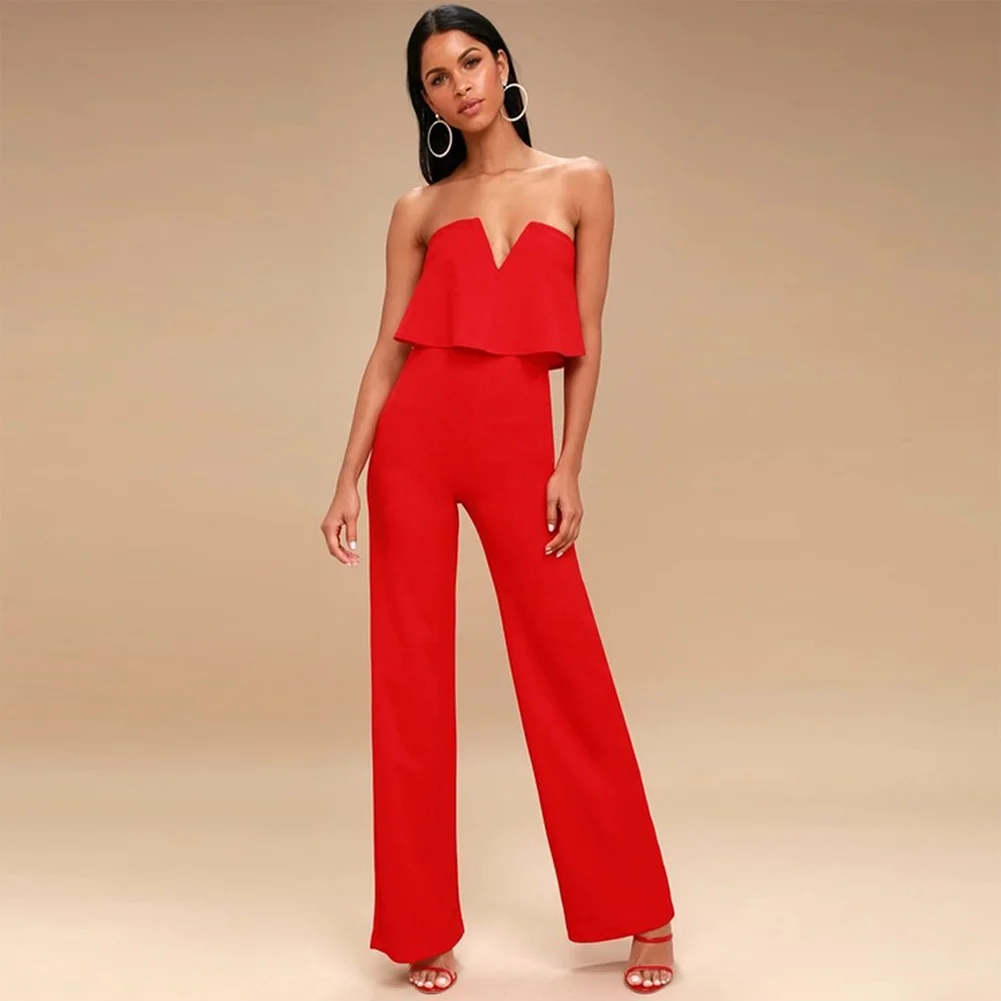 

Fadzeco Women Off Shoulder Jumpsuit Sexy V Neck Strapless Solid Color High Waist Wide Leg Jumpsuit Romper Playsuit