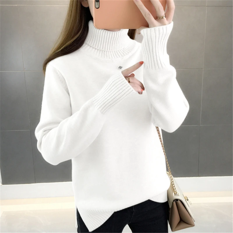 Толстый теплый женский свитер с высоким воротом, зима, женские свитера и пуловеры, вязаный свитер с длинным рукавом, однотонный кашемировый свитер в рубчик, женский свободный свитер - Цвет: White