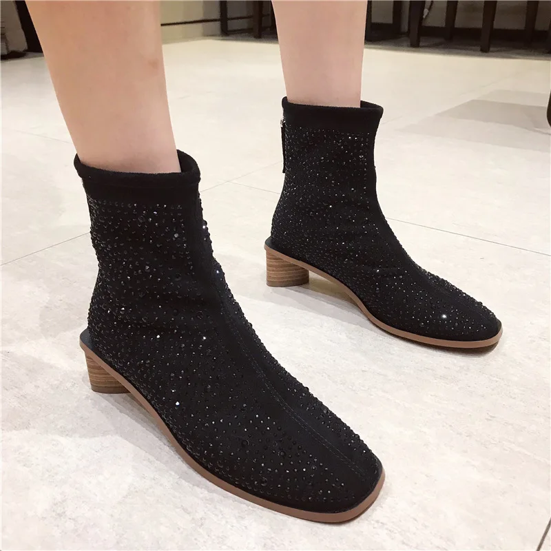 

Women's Short Boot Chunky Heel Rubber Boots Bootee Woman 2019 Autumn Shoes Back Zip Zipper Crystal Luxury Designer Ankle Rain