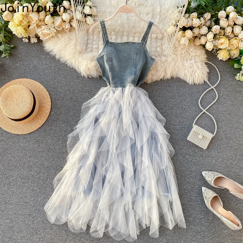 

Joinyouth Women Mesh Demin Patchwork Dress Fashion Sleeveless High Waist Dresses A Line Casual Irregular Ankle Vestidos 58030
