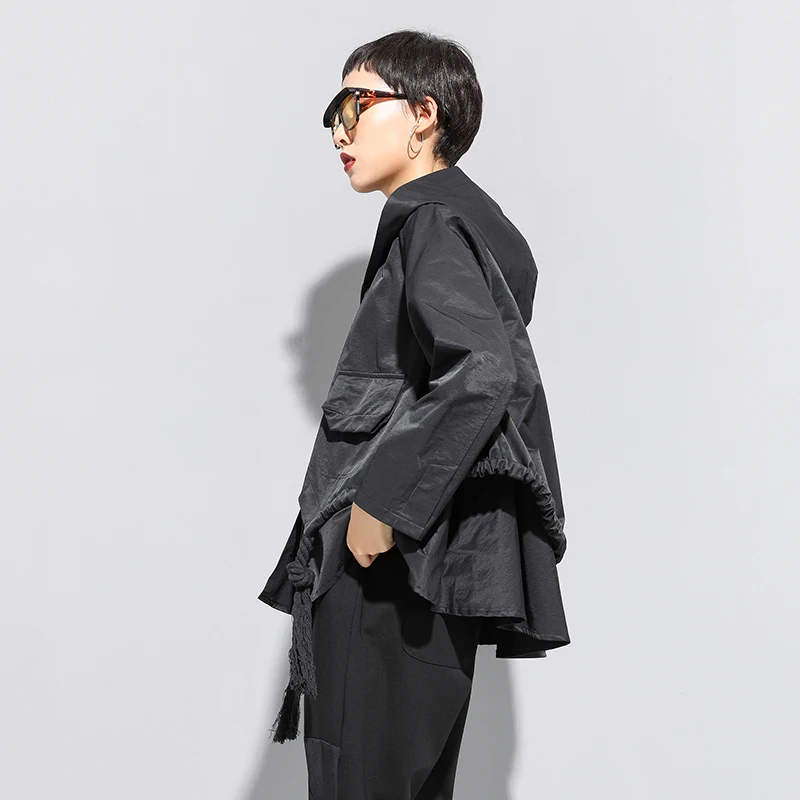 lower price  [EAM] Loose Fit Black Asymmetrical Split Big Size Short Jacket New Hooded Long Sleeve Women Coat Fa