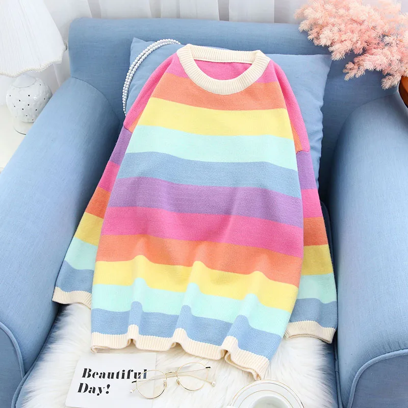 

rainbow colorfurl knitted women sweater and pullovers o-neck loose thicken warm lady elegant pulls fashion outwear tops